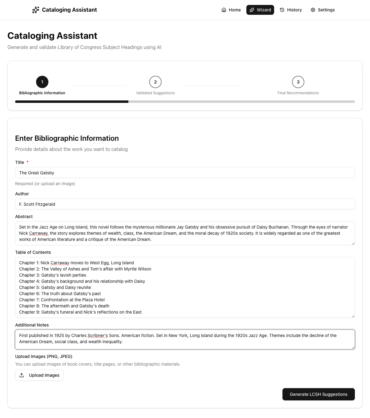 Wizard step 1 filled form